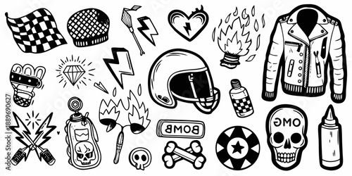 A collection of black and white biker and punk inspired doodle illustrations