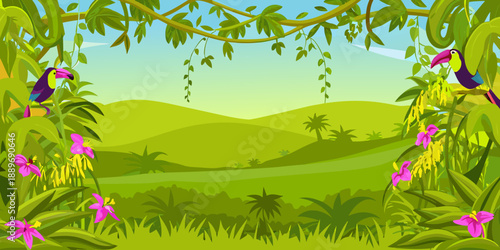 Lush jungle scene with tropical birds and vibrant green foliage