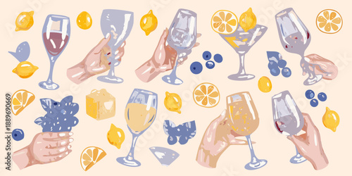Stylized illustration of hands holding glasses and citrus fruits