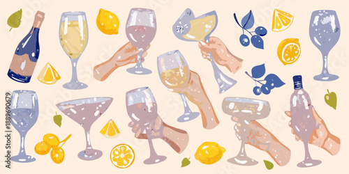 A colorful arrangement of wine glasses bottles lemons and hands