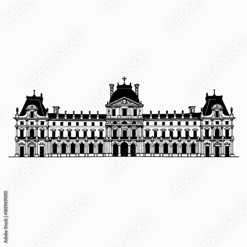 Louvre Museum Outline Vector Illustration Minimal Monochrome Line Art