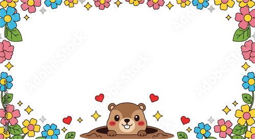 Cute groundhog day border with flowers and sparkles.