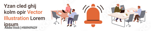 Teamwork, communication, corporate planning, business strategy, alerts, digital workspace. Colleagues gather around laptops, with alert icon. Teamwork and communication
