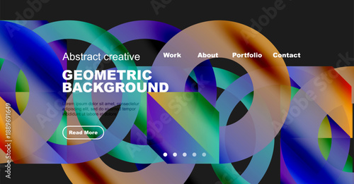 Colorful abstract design features overlapping circles, text, navigation menu. Modern aesthetic suitable for website header or banner.