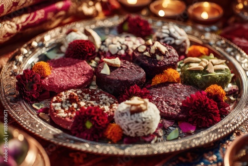 Wallpaper Mural traditional silver plate with Indian sweets like ladoo and barfi surrounded by diyas and marigold flowers, soft festive lighting, no text. Torontodigital.ca