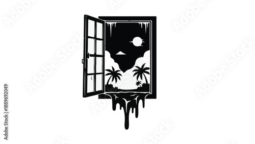 Surreal window frame with melting tropical landscape and moonlit sky