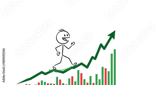 Stick figure running up a financial graph showing growth.