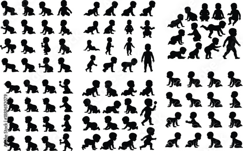 A collection of black silhouettes depicting various baby development stages