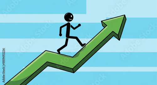 Stick figure running up a green arrow graph representing growth and success.