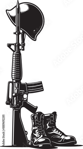 Military tribute illustration with helmet, rifle, and boots Vector