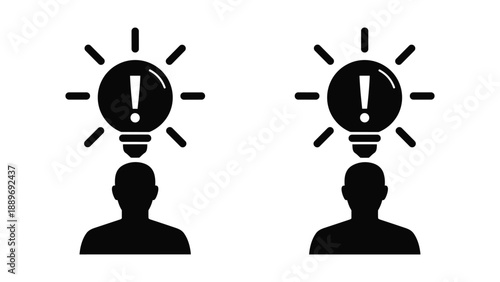 Two people having same idea represented by exclamation mark in light bulb