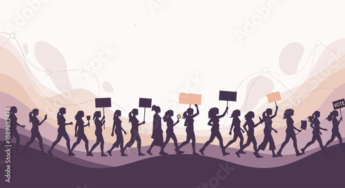 Silhouetted protesters marching with signs in a demonstration against social issues