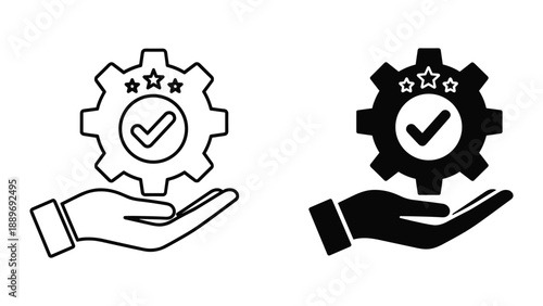 Hand holding gear with check mark and stars icon