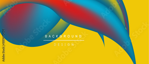 Abstract fluid shapes blend vibrant colors. Yellow backdrop complements red, blue gradients. Modern design element.