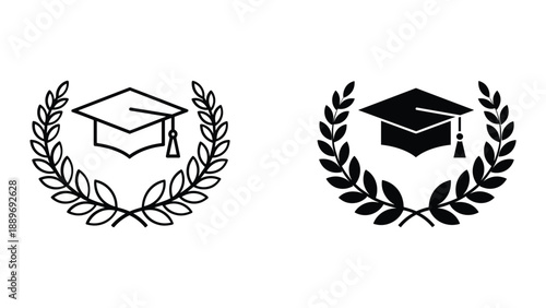 Graduation cap surrounded by laurel wreath icon set
