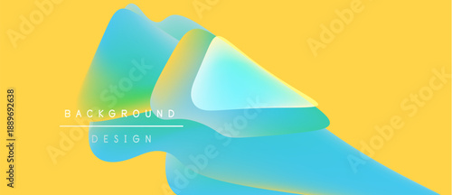 Abstract fluid shapes overlap yellow backdrop. Gradient colors blend, creating dynamic visual effect. Modern design element.