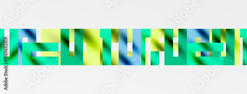 Abstract colorful shapes form horizontal bands. Green, blue, yellow hues dominate composition. Minimalist design, simple geometry present.