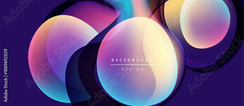 Abstract colorful circles overlap dark purple background. Gradient hues create dynamic visual effect. Modern design element.