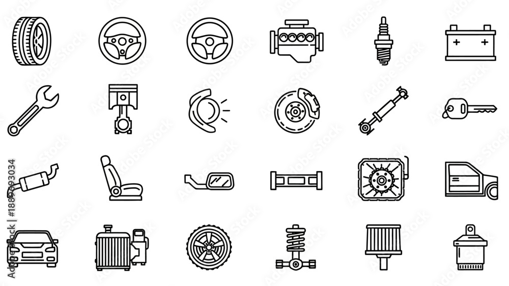Fototapeta premium Collection of Automotive Parts and Tools Icons.