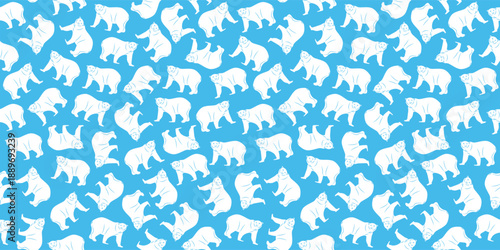 Seamless pattern of white polar bears on a blue background. Cute arctic animal vector illustration for apparel, headscarves, wallpaper, and gift wrapping paper design.