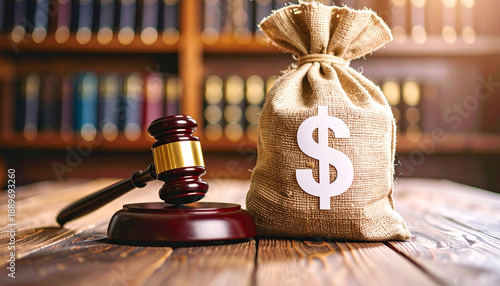 Money bag labeled Fine alongside a judge's gavel, concept of bribery and corruption