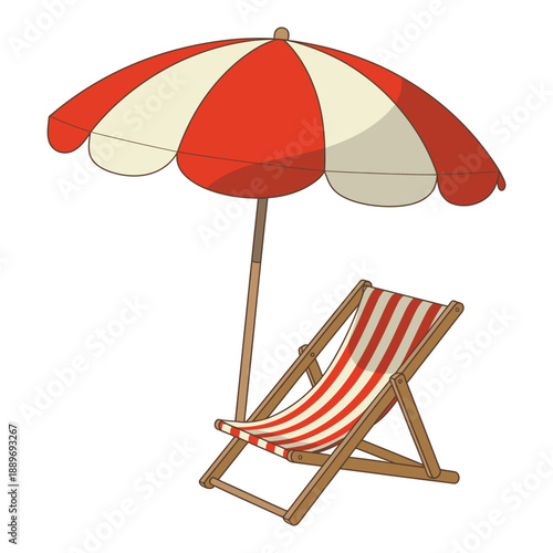 Beach chair and red white striped umbrella on white background icon