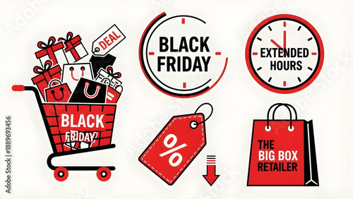 Essential Black Friday shopping icons, showcasing massive sales, extended store hours, and incredible discount deals. Ideal for holiday season marketing and promotional content