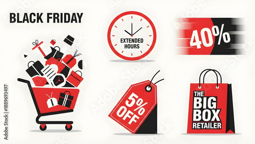 Black Friday shopping event vector icon set illustrating retail discounts, special offers, extended hours, and a loaded shopping cart for advertising