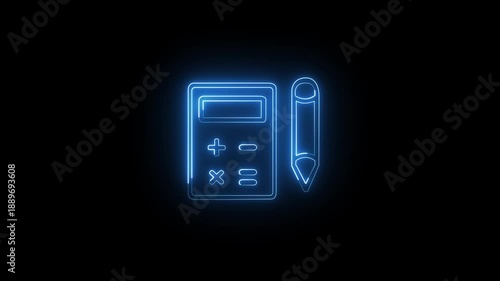 Glowing blue neon line art calculator and pencil drawing animation. Accounting, finance, education, planning. 4K business motion graphic.