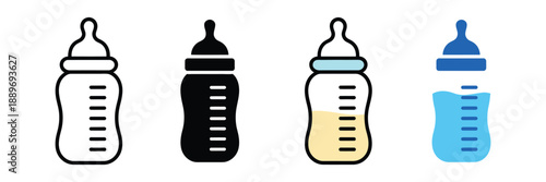 Baby feeding bottle icon set with isolated vector illustrations, including feeding bottle symbols, infant care graphics, and baby feeding accessories for parenting, healthcare, and nursery design use.