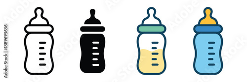 Baby feeding bottle icon set isolated on white background, vector illustration featuring feeding bottle symbols, infant care icons, and baby feeding essentials for apps, websites, and design projects.