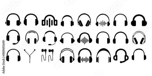 Set of Headphones Vector Illustration Collection Isolated on White Background Audio Gadget Device Headset for Music and Sound Listening Communication in Various Styles