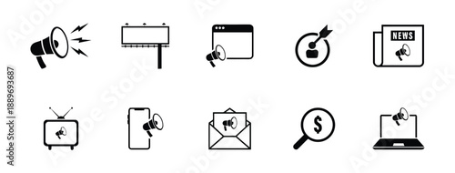 Set of Marketing and Advertising Icons Such as Megaphone Billboard Browser Target Newspaper Television Phone Email Magnifier and Laptop in Simple Black Style Vector