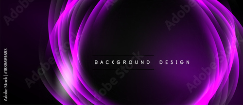 Abstract purple layers create dynamic background. Text reads background design. Minimalist, modern aesthetic. Dark space surrounds bright shapes.