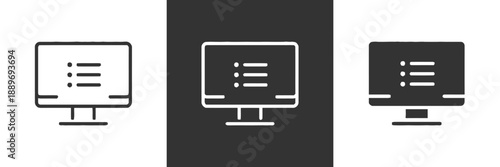 Set of monitor outline icons isolated on white background for display screen containing list of information on application website pc interface computer task