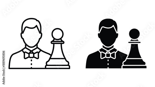 Two men standing with chess pieces