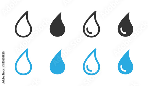 Set of Water Drop Icons Symbolizing Liquid Elements in Various Styles for Representing Water Moisture and Purity in Line Black and Blue Versions Isolated on White