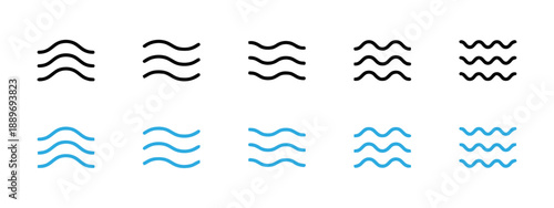Set of Wavy Line Design Elements Representing Liquid Texture Water Movement or Curvature Isolated on White Background Two Rows of Icons With Variations in Color