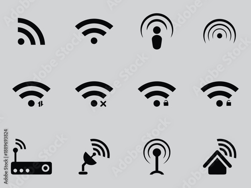 Set of Wireless Communication Icons and Network Symbols Featuring Various Antenna Designs and Router Isolated on Plain Background for Internet Connectivity and Technology