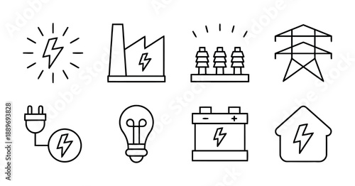 Set of vector icons representing power generation and electricity distribution networks with elements of plug battery lightbulb and lightning symbol
