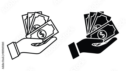 Hand holding dollar bills in black and white illustration