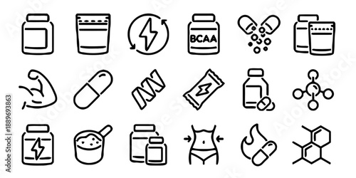 Supplements Icons Representing Sports Nutrition and Dietary Aids for Fitness and Muscle Growth Pills Protein BCAA Bars Bodybuilding Vector Isolated