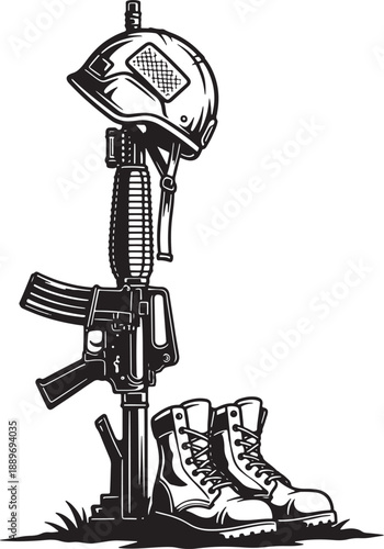 Military tribute illustration with helmet, rifle, and boots Vector