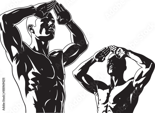 Strong man flexing muscles in black and white Vector