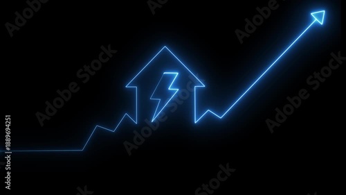 Glowing blue neon line drawing house with lightning bolt and rising growth chart animation icon. Energy consumption increase. Smart home power. 4K electricity growth animation.