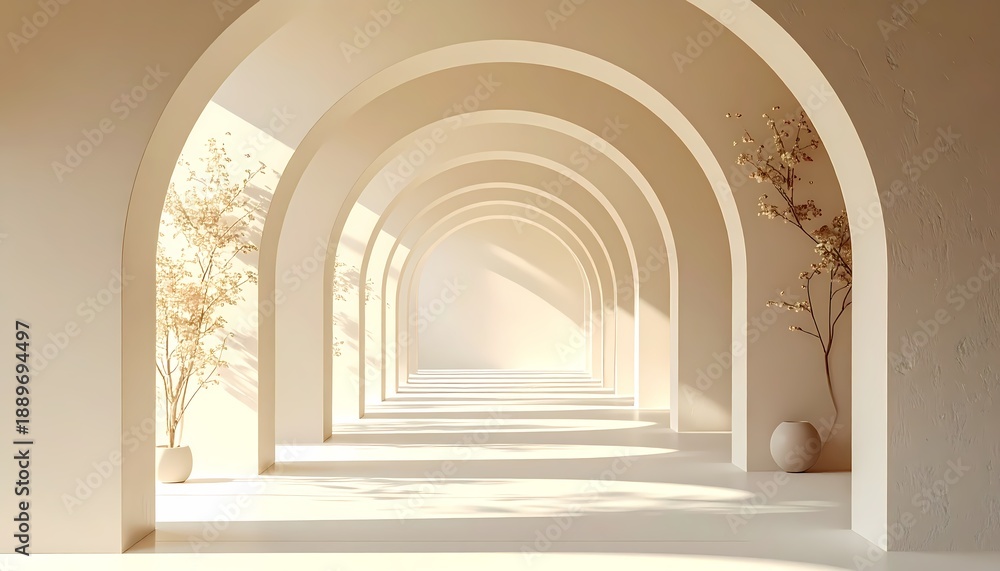 Fototapeta premium Arched Hallway with Light and Plant Decoration