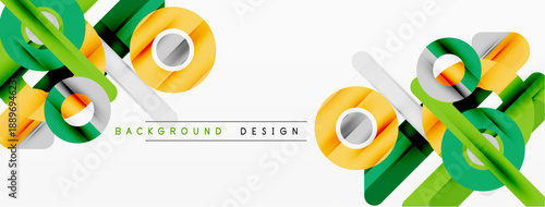 Abstract geometric shapes overlap, creating dynamic composition. Yellow, green hues dominate white background. Modern design element.