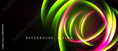 Abstract neon layers create dynamic circular design. Vivid colors blend, forming glowing effect against dark backdrop. Modern, stylish presentation.