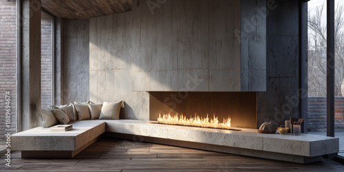 Modern living room features sleek fireplace and cozy seating in contemporary home design