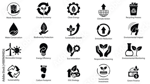 Sustainability and ESG Silhouette Vector Icons for Green Business and Environmental Strategy